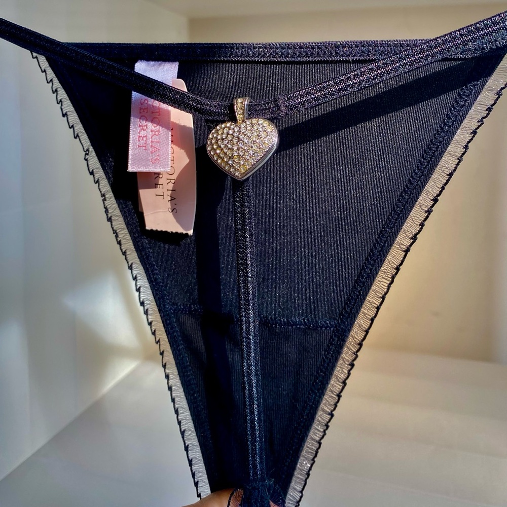 Victoria's Secret Black Thong with Rhinestone Heart Charm